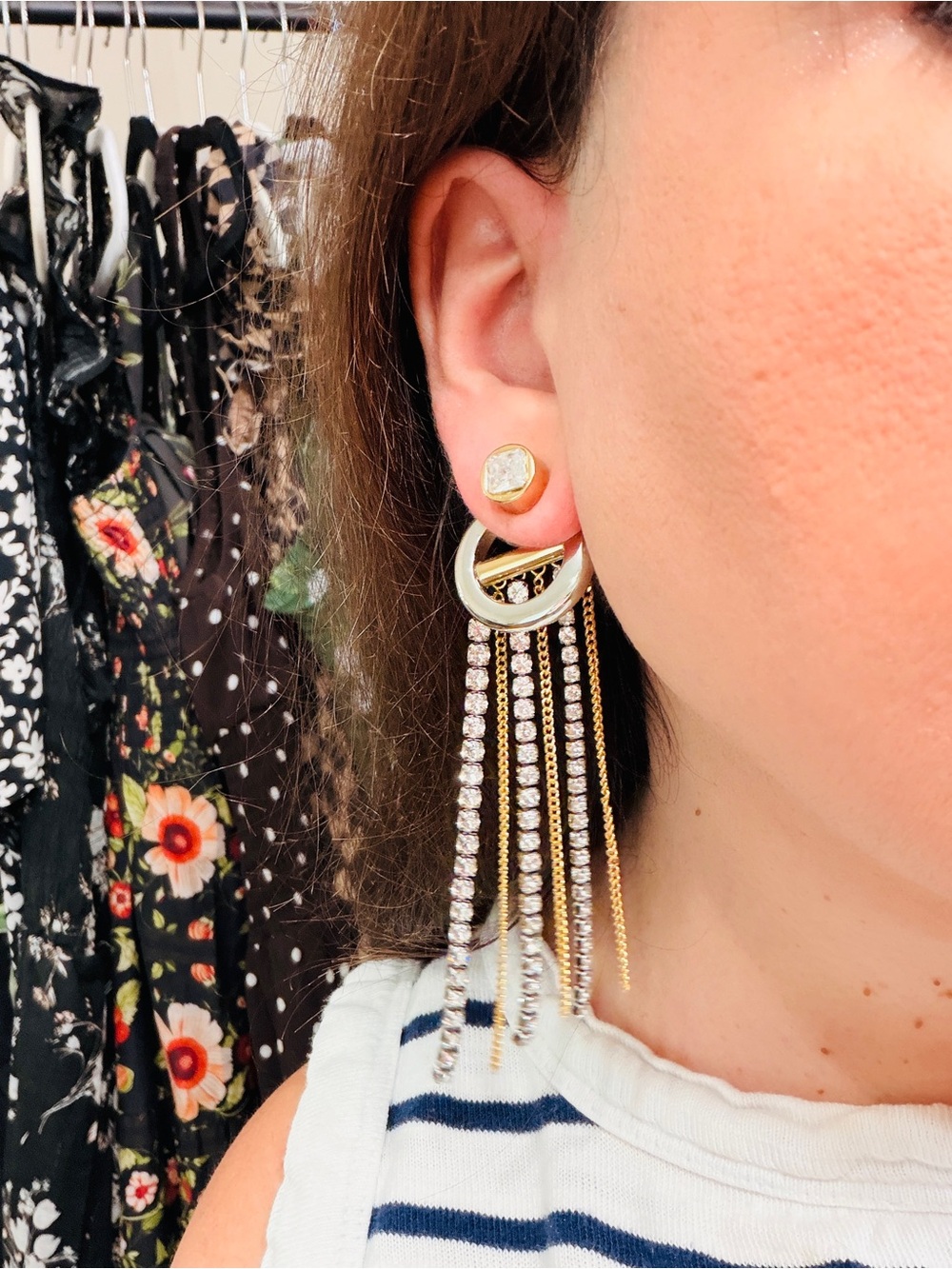 Two-Tone Crystal Tassel Drop Earrings — Gold & Silver - Picture 5 of 6